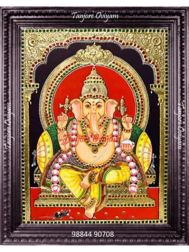 Vinayagar Authentic Tanjore Style painting seated gold throne red halo mouse gold foil artwork